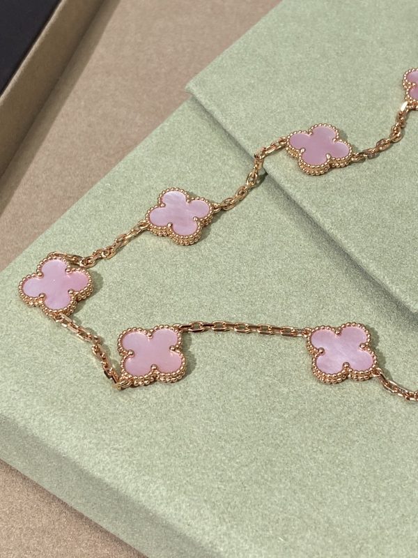 Luxury Inspired Jewelry Vintage Alhambra 10 Motifs Pink Mother-of-Pearl Necklace - Image 3