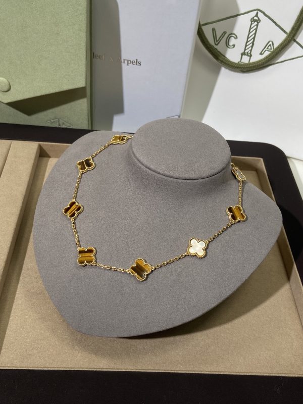 Luxury Inspired Jewelry Vintage Alhambra 10 Motifs Tiger's Eye Necklace - Image 5