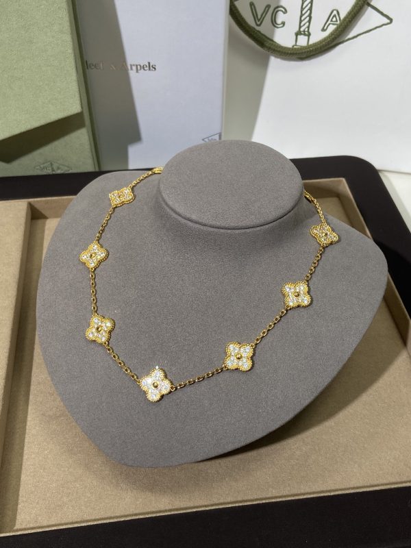 Luxury Inspired Jewelry Vintage Alhambra 10 Motifs Full Pavé Diamond Necklace - Image 4