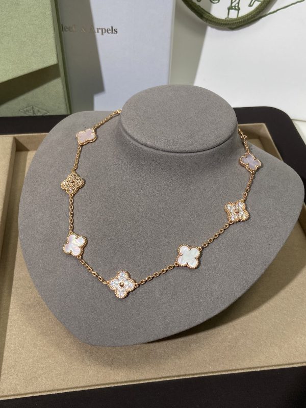 Luxury Inspired Jewelry Vintage Alhambra 10 Motifs Pink Mother-of-Pearl & Diamond Necklace - Image 4