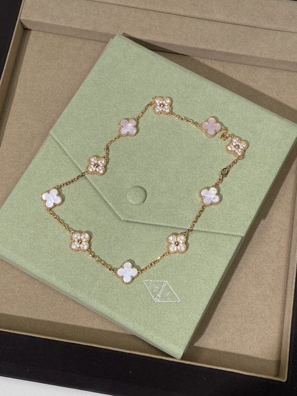 Luxury Inspired Jewelry Vintage Alhambra 10 Motifs Pink Mother-of-Pearl & Diamond Necklace - Image 3