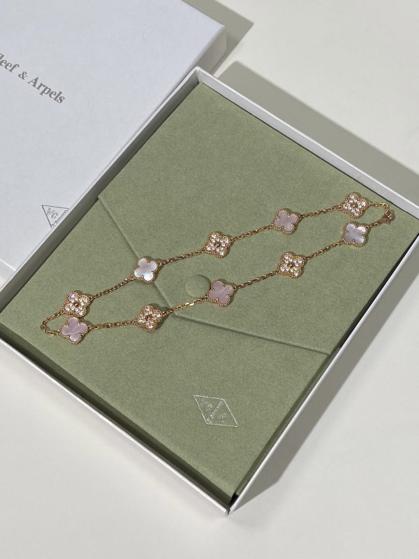Luxury Inspired Jewelry Vintage Alhambra 10 Motifs Pink Mother-of-Pearl & Diamond Necklace - Image 2