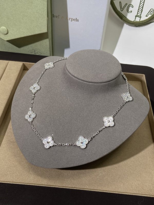 Luxury Inspired Jewelry Vintage Alhambra 10 Motifs Full Pavé Diamond Necklace (White Gold Tone) - Image 3