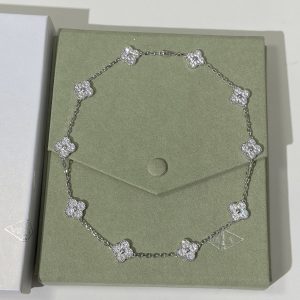 Van Cleef & Arpels Vintage Alhambra 10 Motifs Full Pavé Diamond Necklace (White Gold Tone)