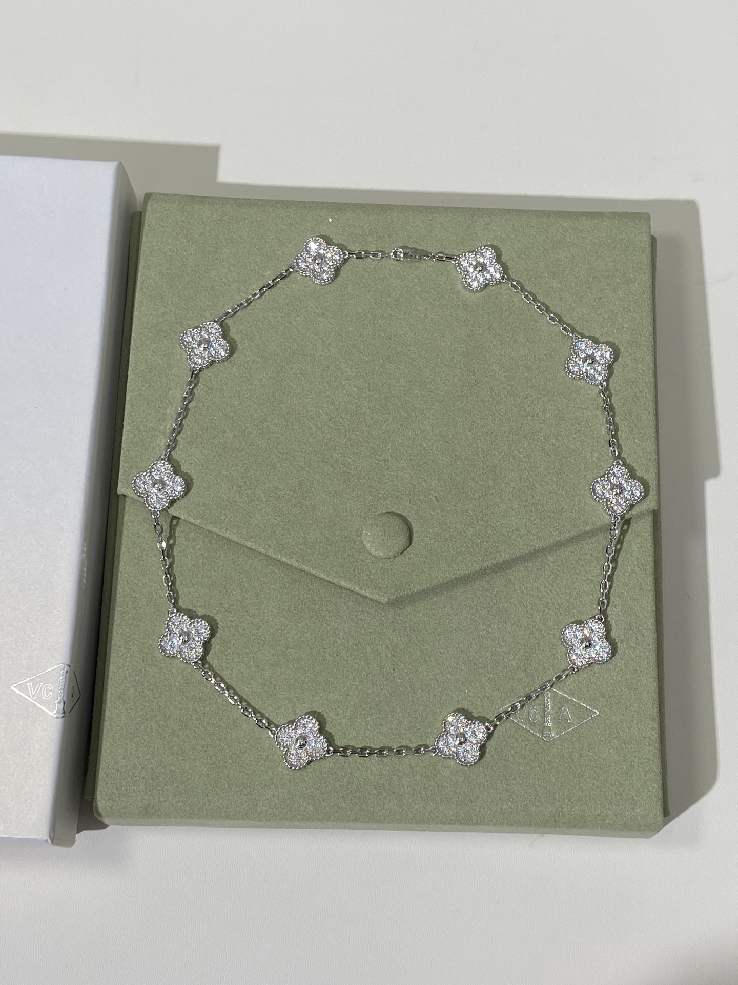Van Cleef & Arpels Vintage Alhambra 10 Motifs Full Pavé Diamond Necklace (White Gold Tone)