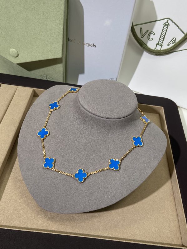 Luxury Inspired Jewelry Vintage Alhambra 10 Motifs Blue Chalcedony Necklace - Image 5