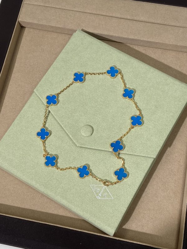 Luxury Inspired Jewelry Vintage Alhambra 10 Motifs Blue Chalcedony Necklace - Image 4