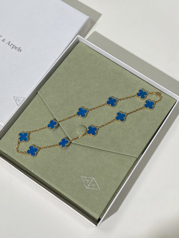 Luxury Inspired Jewelry Vintage Alhambra 10 Motifs Blue Chalcedony Necklace - Image 3