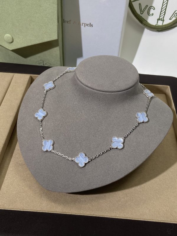 Luxury Inspired Jewelry Vintage Alhambra 10 Motifs Blue Lace Agate Necklace (Silver Tone) - Image 5
