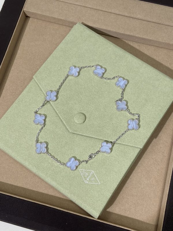 Luxury Inspired Jewelry Vintage Alhambra 10 Motifs Blue Lace Agate Necklace (Silver Tone) - Image 4