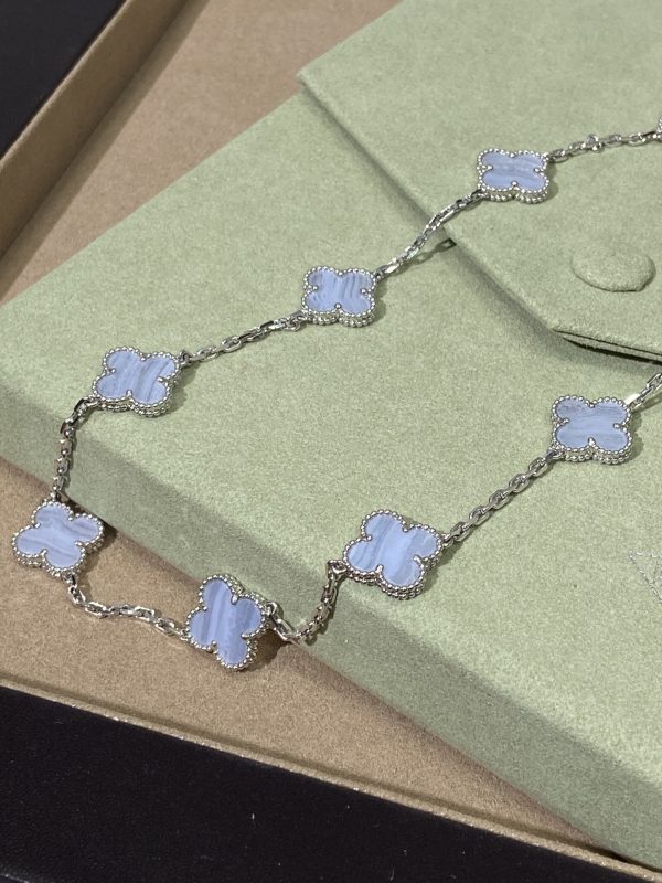Luxury Inspired Jewelry Vintage Alhambra 10 Motifs Blue Lace Agate Necklace (Silver Tone) - Image 3