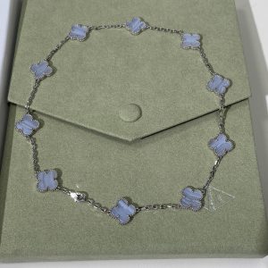 Van Cleef & Arpels Vintage Alhambra 10 Motifs Blue Lace Agate Necklace (Silver Tone)