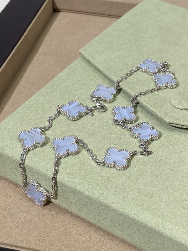 Luxury Inspired Jewelry Vintage Alhambra 10 Motifs Blue Lace Agate Necklace (Silver Tone) - Image 2