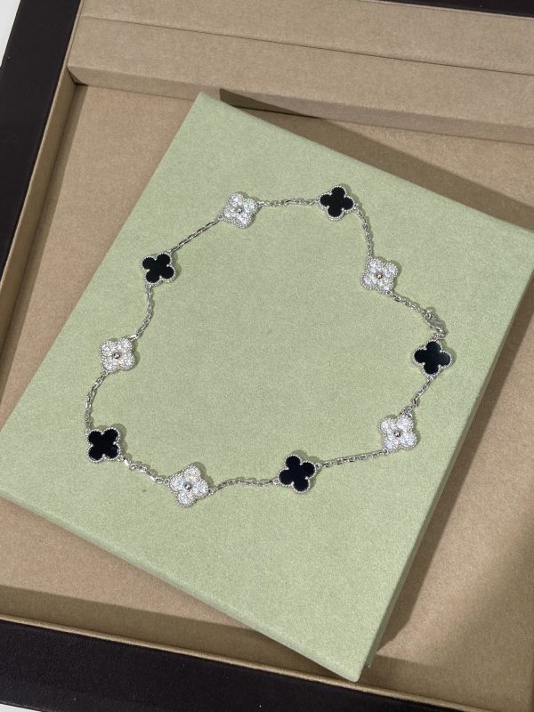 Luxury Inspired Jewelry Vintage Alhambra 10 Motifs Onyx & Diamond Alternating Necklace - Image 4