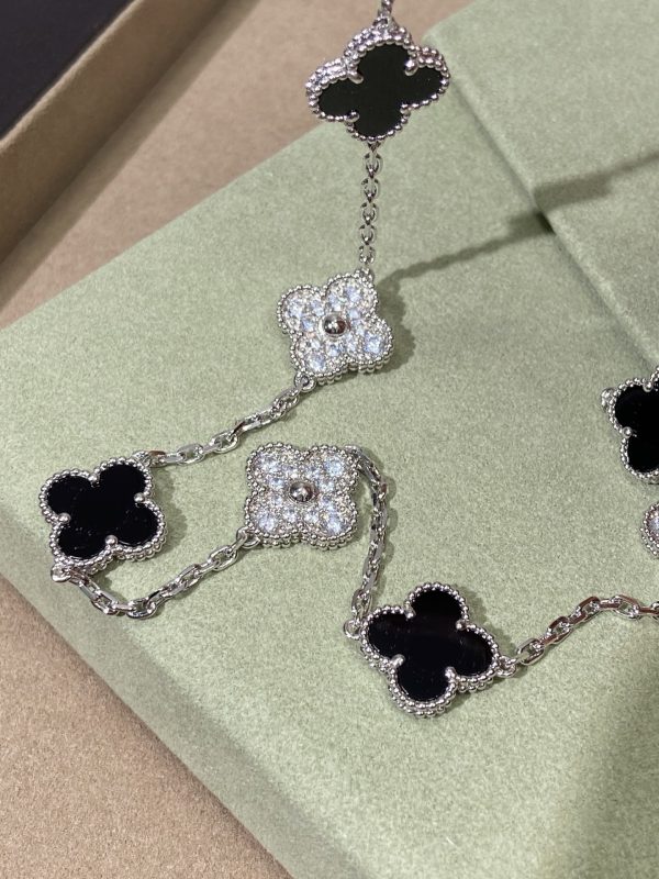 Van Cleef & Arpels Vintage Alhambra 10 Motifs Onyx & Diamond Alternating Necklace