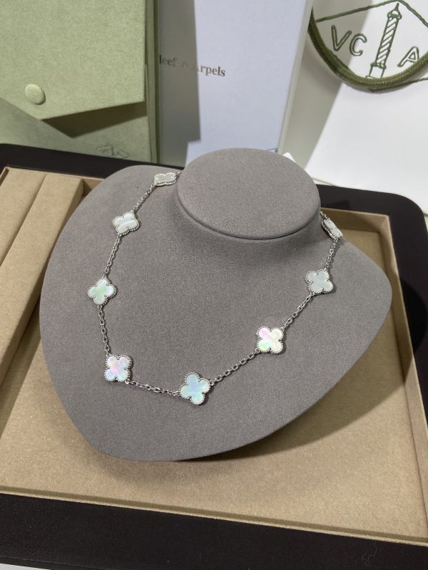 Luxury Inspired Jewelry Vintage Alhambra 10 Motifs Mother-of-Pearl Necklace (Silver Tone) - Image 6