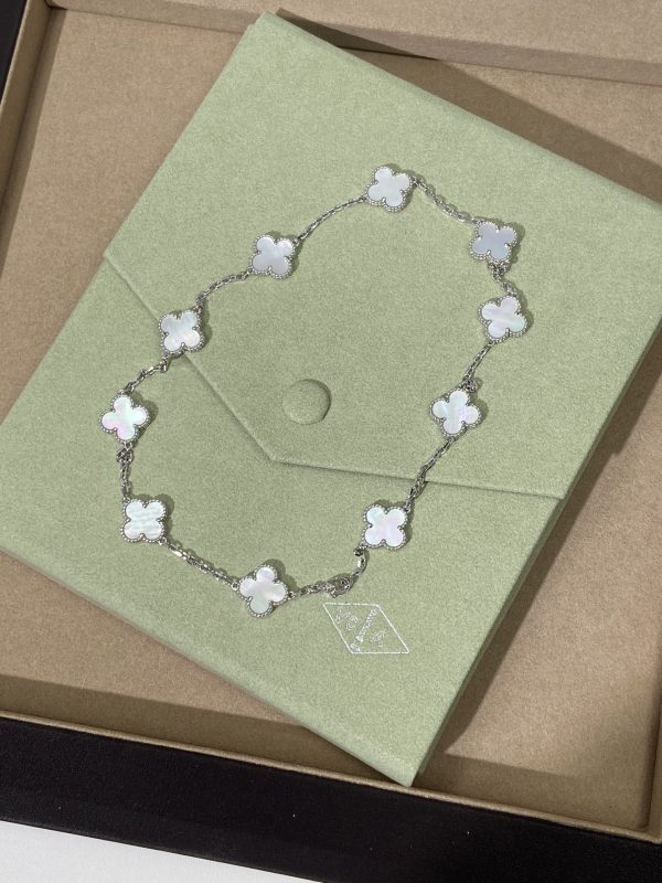 Luxury Inspired Jewelry Vintage Alhambra 10 Motifs Mother-of-Pearl Necklace (Silver Tone) - Image 5