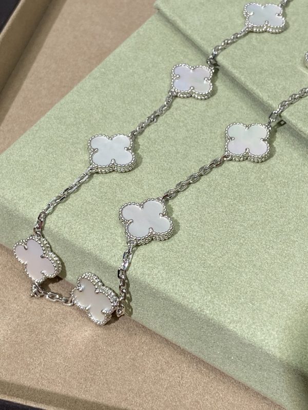 Luxury Inspired Jewelry Vintage Alhambra 10 Motifs Mother-of-Pearl Necklace (Silver Tone) - Image 2
