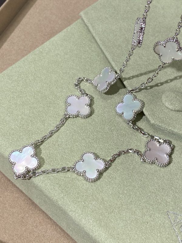 Luxury Inspired Jewelry Vintage Alhambra 10 Motifs Mother-of-Pearl Necklace (Silver Tone) - Image 3