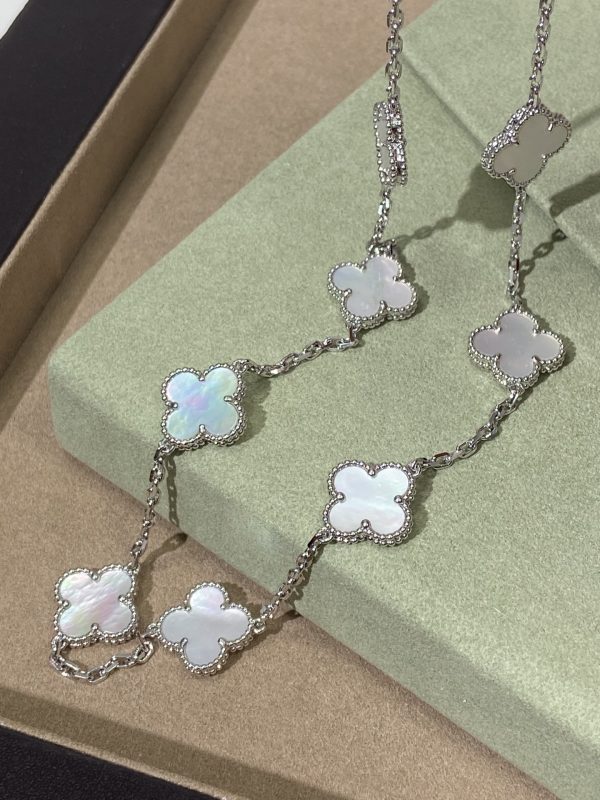 Luxury Inspired Jewelry Vintage Alhambra 10 Motifs Mother-of-Pearl Necklace (Silver Tone) - Image 4