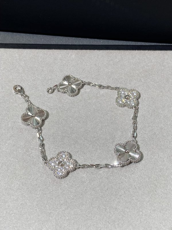 Luxury Inspired Jewelry Vintage Alhambra 5 Motifs Guilloché & Diamond Bracelet (White Gold Tone) - Image 5