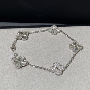 Van Cleef & Arpels Vintage Alhambra 5 Motifs Guilloché & Diamond Bracelet (White Gold Tone)