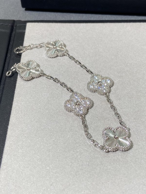 Luxury Inspired Jewelry Vintage Alhambra 5 Motifs Guilloché & Diamond Bracelet (White Gold Tone) - Image 4