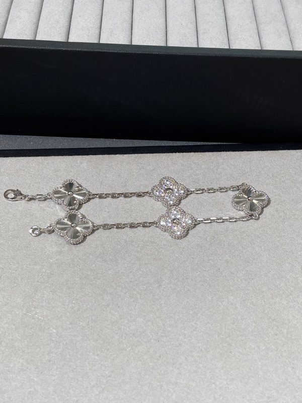 Luxury Inspired Jewelry Vintage Alhambra 5 Motifs Guilloché & Diamond Bracelet (White Gold Tone) - Image 3
