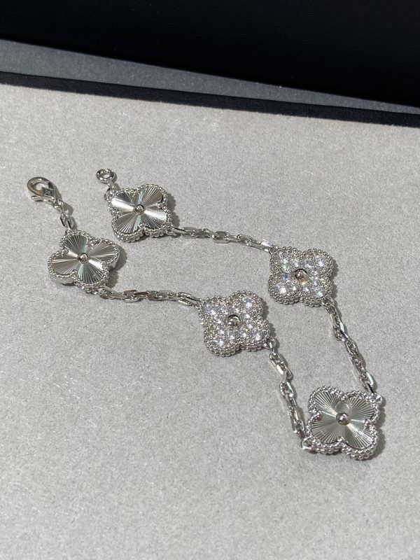 Luxury Inspired Jewelry Vintage Alhambra 5 Motifs Guilloché & Diamond Bracelet (White Gold Tone) - Image 2