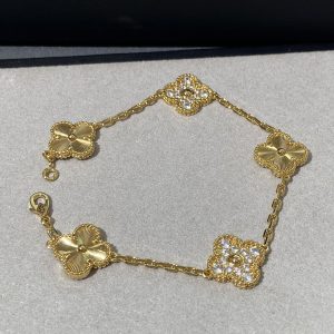 Luxury Inspired Jewelry Vintage Alhambra 5 Motifs Guilloché & Diamond Bracelet (Gold Tone)