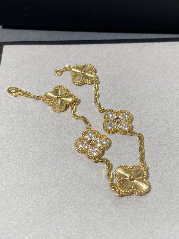 Luxury Inspired Jewelry Vintage Alhambra 5 Motifs Guilloché & Diamond Bracelet (Gold Tone) - Image 3