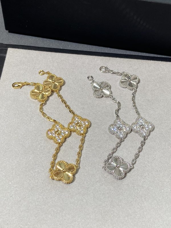 Luxury Inspired Jewelry Vintage Alhambra 5 Motifs Guilloché & Diamond Bracelet (Gold Tone) - Image 2