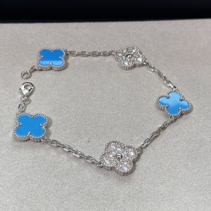 Luxury Inspired Jewelry Vintage Alhambra 5 Motifs Turquoise & Diamond Alternating Bracelet (Silver Tone)