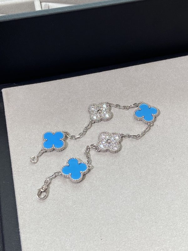 Luxury Inspired Jewelry Vintage Alhambra 5 Motifs Turquoise & Diamond Alternating Bracelet (Silver Tone) - Image 2
