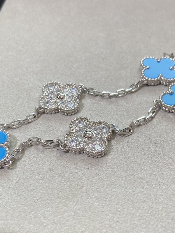 Luxury Inspired Jewelry Vintage Alhambra 5 Motifs Turquoise & Diamond Alternating Bracelet (Silver Tone) - Image 3