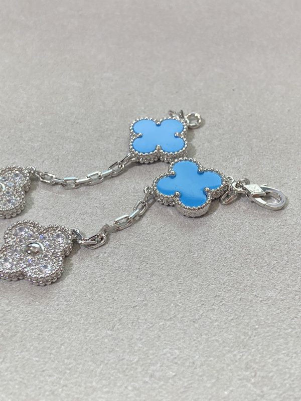 Luxury Inspired Jewelry Vintage Alhambra 5 Motifs Turquoise & Diamond Alternating Bracelet (Silver Tone) - Image 4