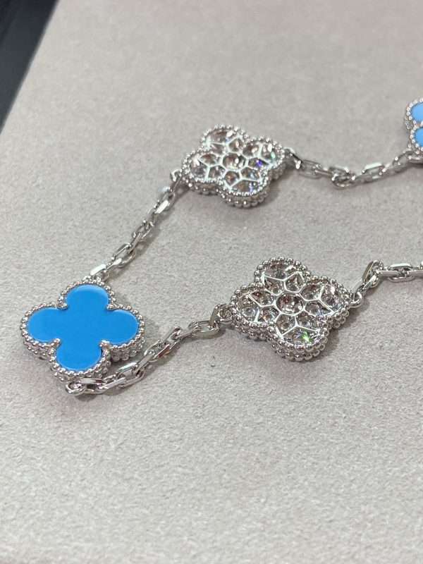 Luxury Inspired Jewelry Vintage Alhambra 5 Motifs Turquoise & Diamond Alternating Bracelet (Silver Tone) - Image 5