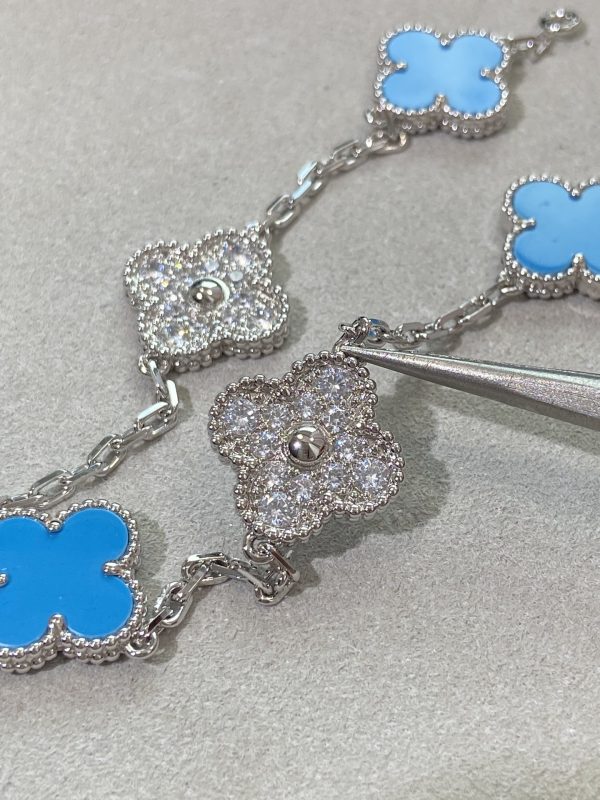 Luxury Inspired Jewelry Vintage Alhambra 5 Motifs Turquoise & Diamond Alternating Bracelet (Silver Tone) - Image 6
