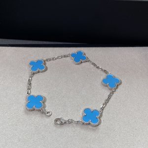 Luxury Inspired Jewelry Vintage Alhambra 5 Motifs Turquoise & Diamond Bracelet (White Gold Tone)