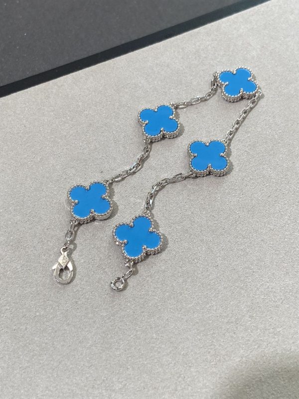 Luxury Inspired Jewelry Vintage Alhambra 5 Motifs Turquoise & Diamond Bracelet (White Gold Tone) - Image 2