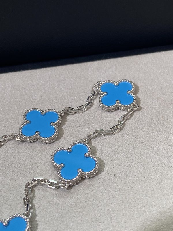 Luxury Inspired Jewelry Vintage Alhambra 5 Motifs Turquoise & Diamond Bracelet (White Gold Tone) - Image 3