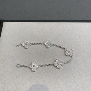 Luxury Inspired Jewelry Vintage Alhambra 5 Motifs Full Pavé Diamond Bracelet (Silver Tone)