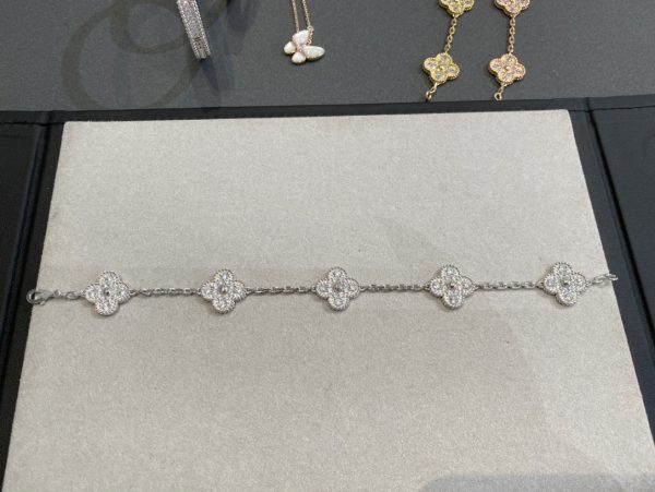 Luxury Inspired Jewelry Vintage Alhambra 5 Motifs Full Pavé Diamond Bracelet (Silver Tone) - Image 2