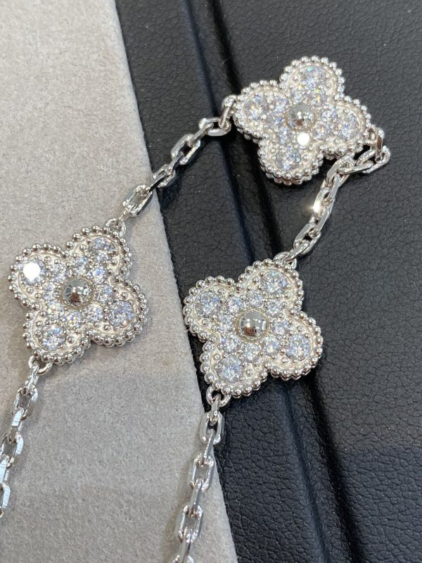Luxury Inspired Jewelry Vintage Alhambra 5 Motifs Full Pavé Diamond Bracelet (Silver Tone) - Image 3