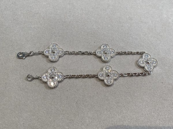 Luxury Inspired Jewelry Vintage Alhambra 5 Motifs Full Pavé Diamond Bracelet (Silver Tone) - Image 4