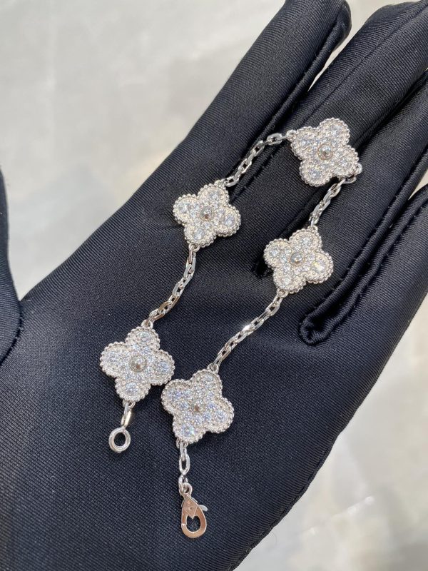Luxury Inspired Jewelry Vintage Alhambra 5 Motifs Full Pavé Diamond Bracelet (Silver Tone) - Image 5