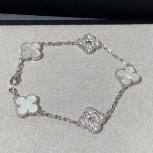 Luxury Inspired Jewelry Vintage Alhambra 5 Motifs Mother-of-Pearl & Diamond Bracelet (Silver Tone)