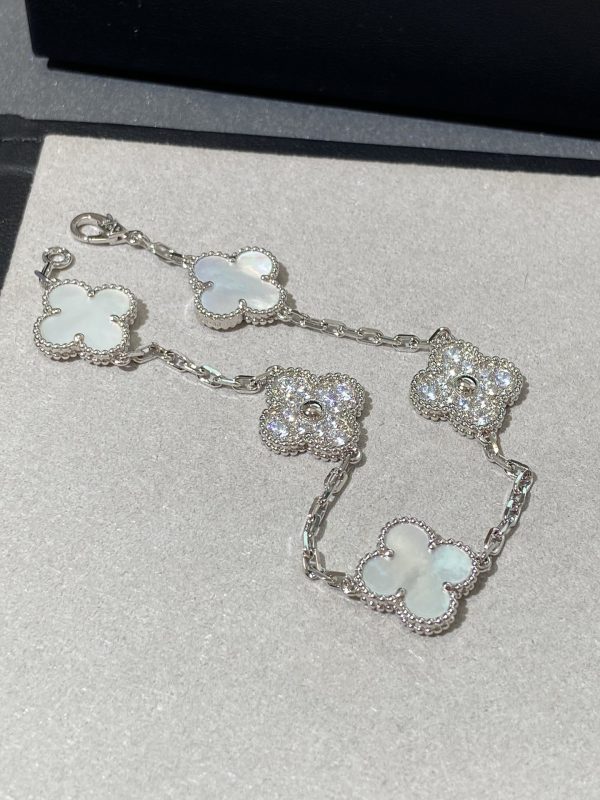 Luxury Inspired Jewelry Vintage Alhambra 5 Motifs Mother-of-Pearl & Diamond Bracelet (Silver Tone) - Image 2