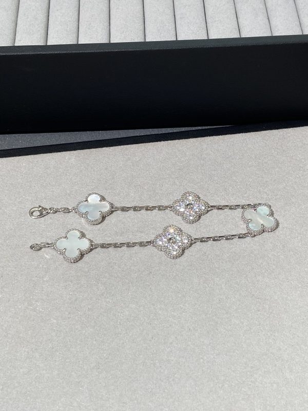 Luxury Inspired Jewelry Vintage Alhambra 5 Motifs Mother-of-Pearl & Diamond Bracelet (Silver Tone) - Image 3