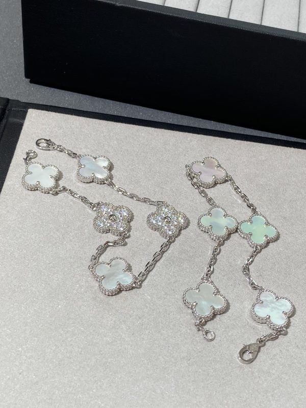 Luxury Inspired Jewelry Vintage Alhambra 5 Motifs Mother-of-Pearl & Diamond Bracelet (Silver Tone) - Image 4